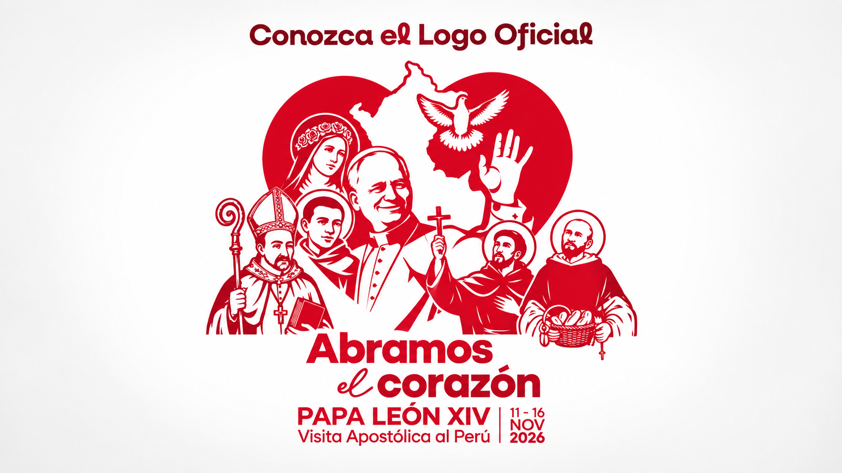 Logo de la visita del Papa León XIV al Perú. Abramos el corazón. 11 al 16 de noviembre de 2026.