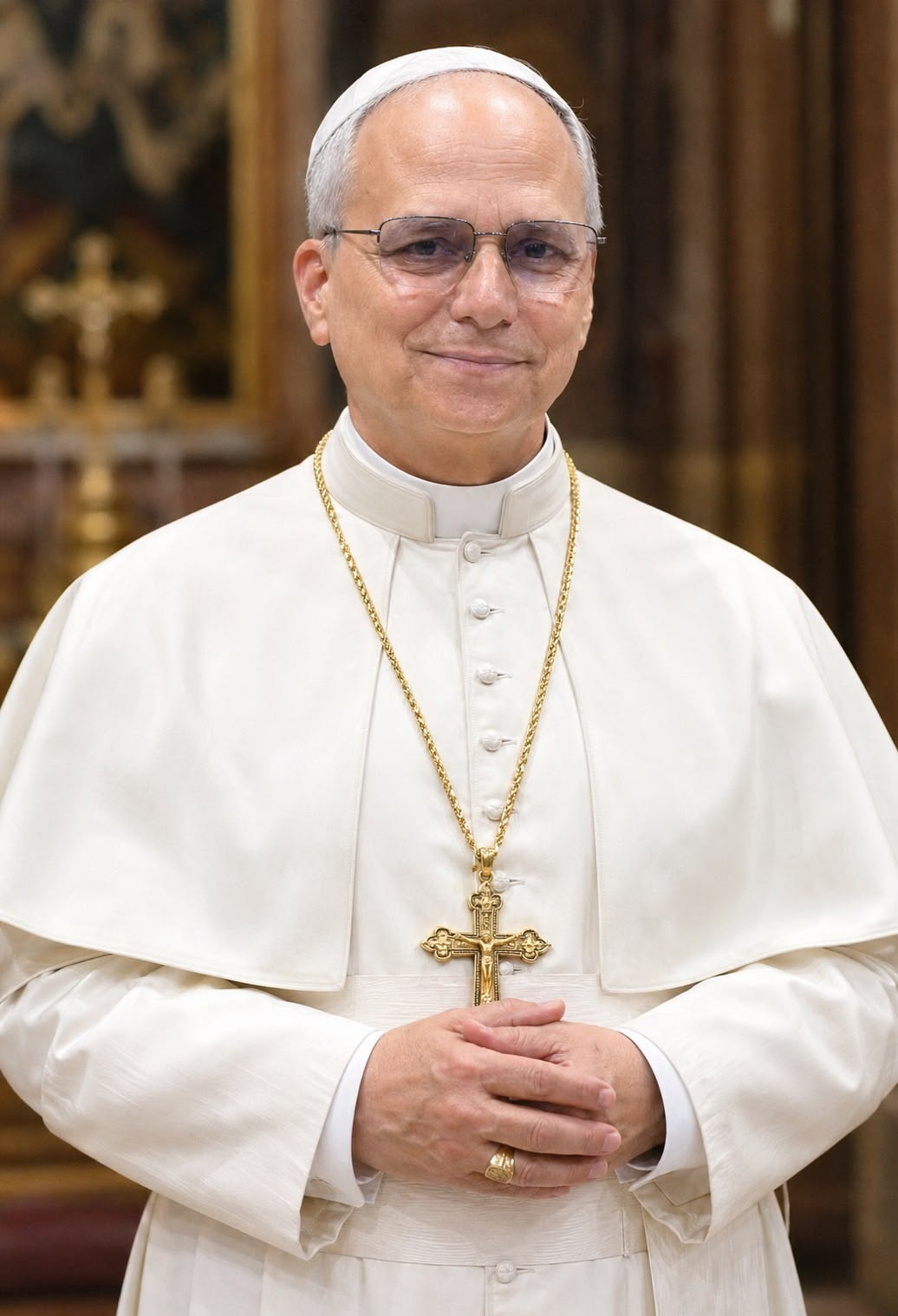 Retrato del Papa León XIV con una animación decorativa de saludo